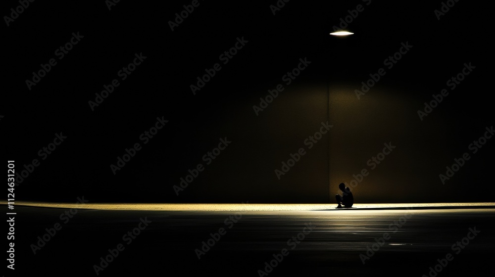 Aufkleber a lone person is seated on an empty street illuminated by a streetlight, surrounded by darkness abov