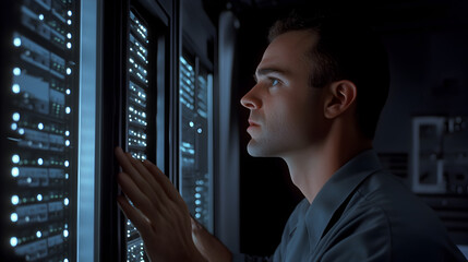 Fototapeta premium A close-up of a server rack with LED lights glowing, as technicians monitor the data flow on screens. Server rack with LED lights and techs working.