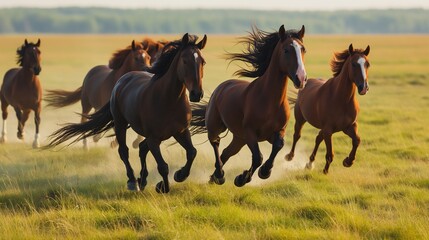 Fototapeta premium A lively scene of horses galloping freely across an open meadow, their manes flowing in the wind.