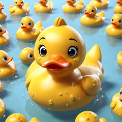3D bright yellow rubber duck swimming happily in water. Perfect for children's bath time fun.