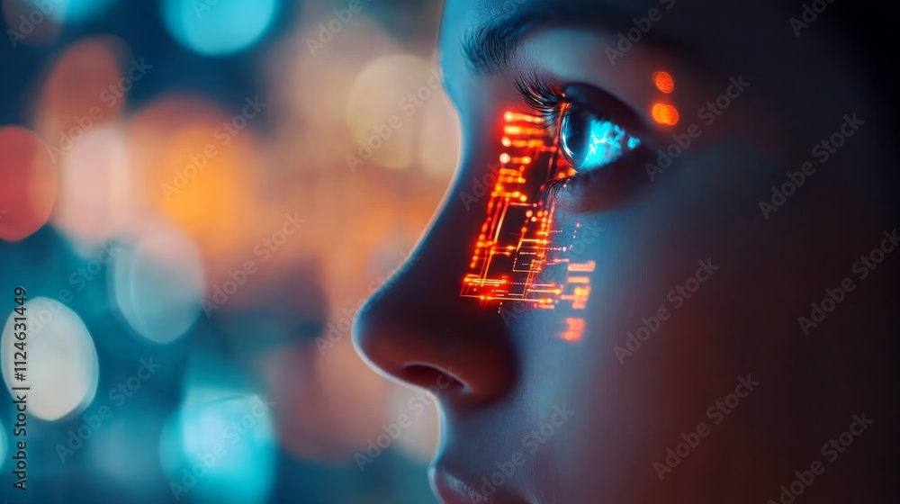Poster a humanoid face features glowing circuits and neon blue and yellow eyes, set against a digital grid 