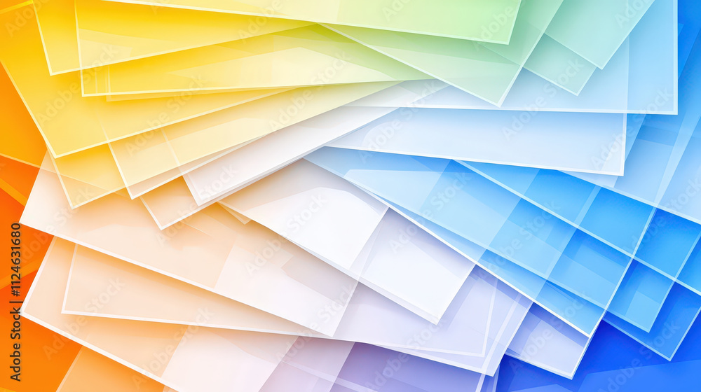 Poster Colorful layered abstract background with translucent sheets in various hues. This vibrant design features blend of orange, yellow, green, blue, and white, creating dynamic visual effect