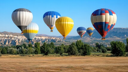 Obraz premium Colorful hot air balloons float gracefully above Cappadocia at sunrise, illuminating the unique rock formations and tranquil greenery below