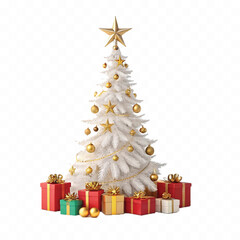 abstract 3D eye catching Festive White Christmas Tree With Presents With Gold Stars And Ornaments isolated on white background