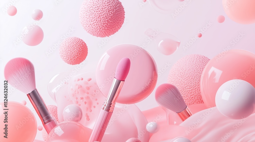 Poster delicate beauty tools and soft pink spheres create an artistic display in a minimalist setting