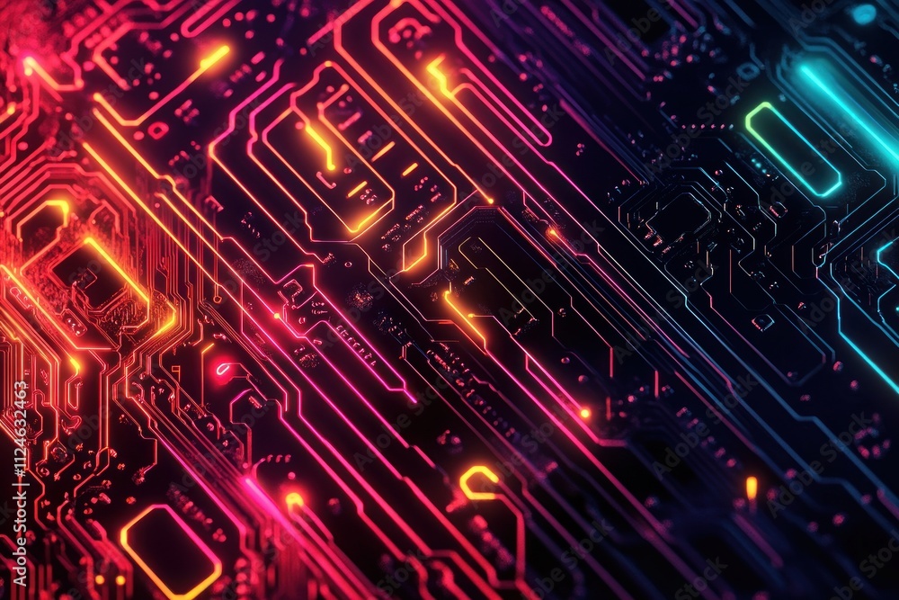 Poster neon circuit board pattern design colourful abstract technology background