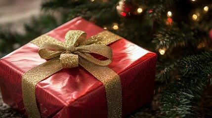 Festive Christmas Gift Wrapped in Red Paper with Golden Ribbon Under Tree
