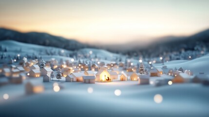 A tranquil winter village features a small nativity scene, illuminated by glowing stars, set against a soft pastel backdrop with space for text