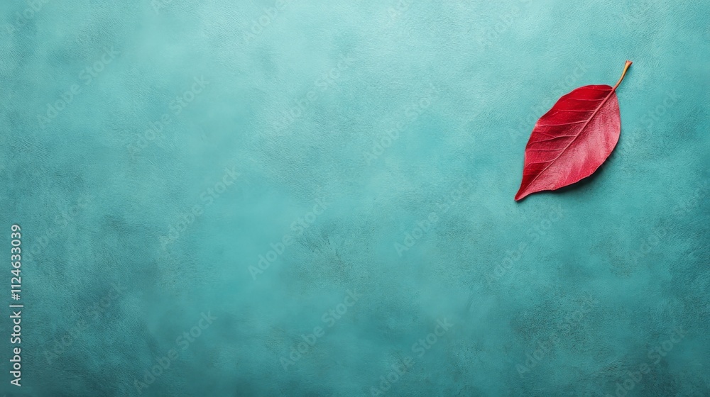 Poster A single vibrant red leaf rests on a textured teal slate backdrop, showcasing minimalist design with plenty of negative space for imaginative applications