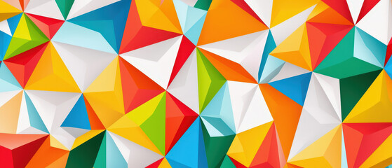Dynamic geometric background with vibrant colors and sharp overlaps, featuring mix of red, yellow, green, and blue triangles creating eye catching design