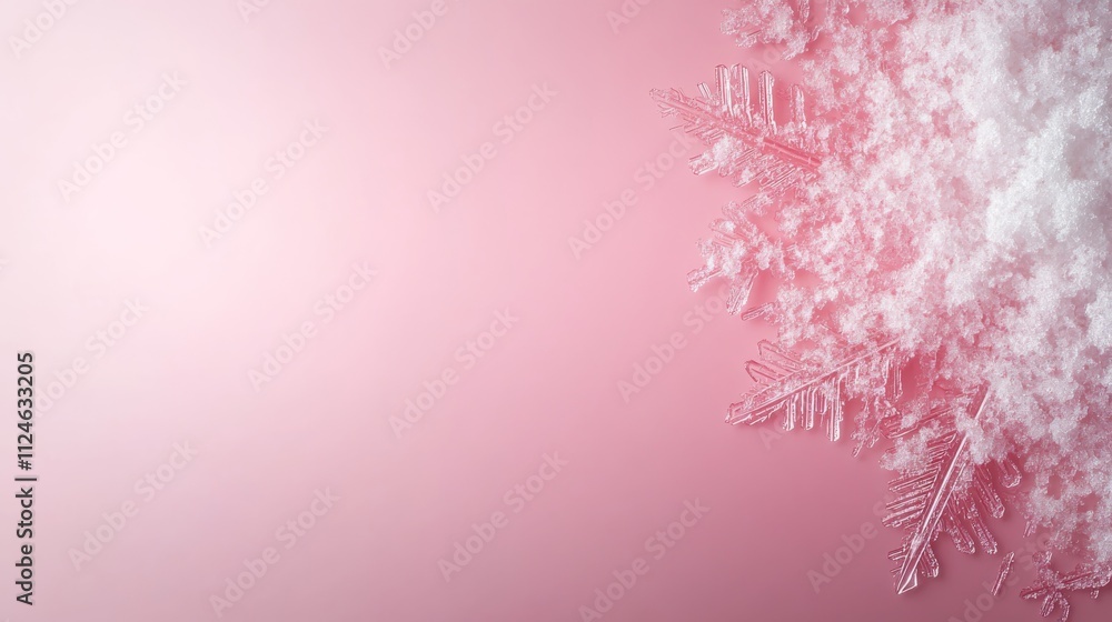 Poster Intricate snowflake showcases its unique crystal structure in a macro, frontal shot against a soft pastel backdrop, offering ample copy space for design
