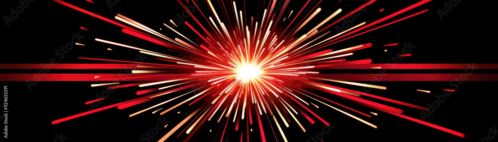 Poster vibrant explosion of red and gold rays radiating from central point, creating dynamic and energetic 
