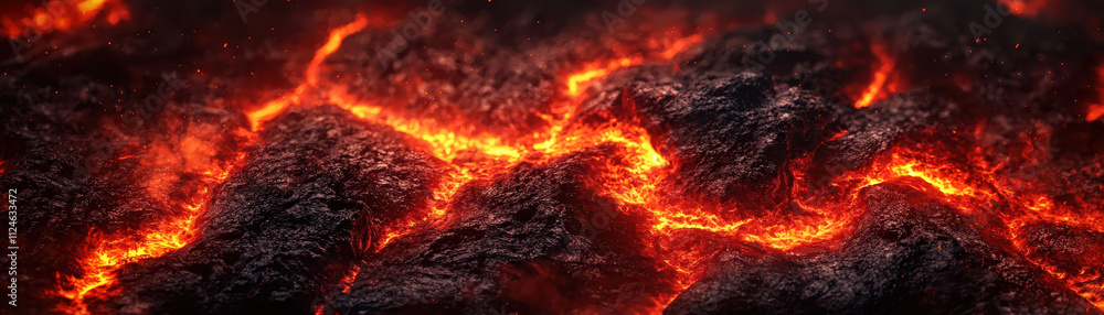 Poster fiery lava flows create dramatic and intense background with glowing red cracks. molten rock texture