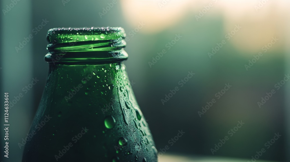 Aufkleber water droplets create a shimmering effect on a green glass bottle against a softly blurred backgroun