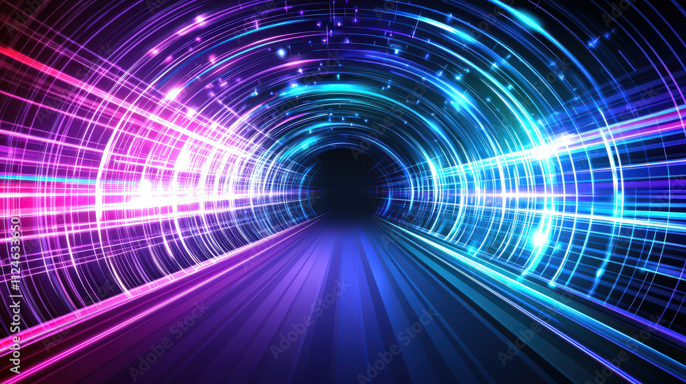 Poster Futuristic digital abstract background with vibrant colors and light trails creating tunnel effect. design evokes sense of motion and depth, perfect for technology themes