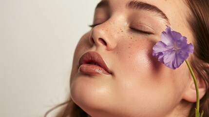 Fototapeta premium A serene close-up Of a woman with her eyes closed gently holding a purple flower next to her face exuding a sense of peacefulness and tranquility.