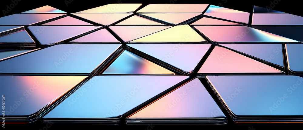 Poster futuristic digital abstract background with reflective surfaces and geometric shapes. vibrant colors