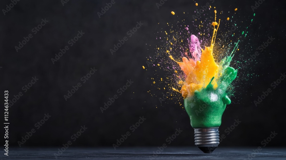 Poster a light bulb explodes, sending splashes of vivid green, yellow, and purple paint into the air agains