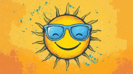 A smiling sun wearing sunglasses, hand-drawn with a grunge style background.