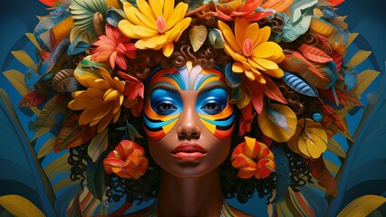 Carnival entertainer from Notting Hill. Close-up of a young woman's face. Generate AI.