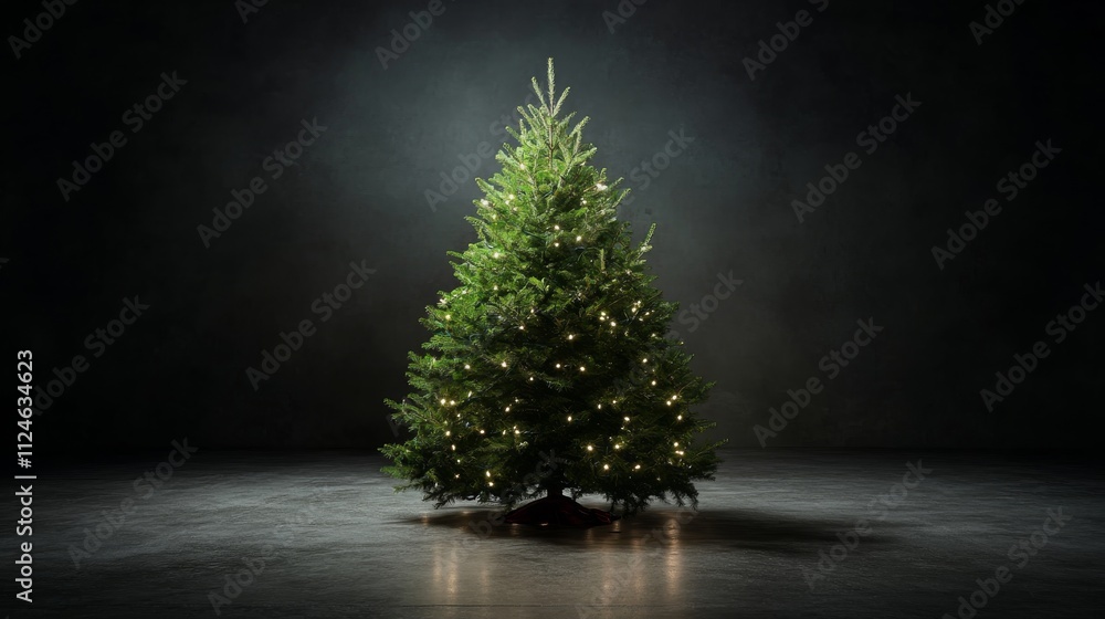 Poster a christmas tree stands decoratively adorned with minimalist lights, casting a warm glow in a darken