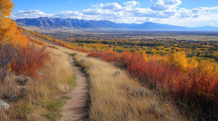 A scenic autumn trail leading up to a hill, with panoramic views of the colorful countryside and mountains in the distance.