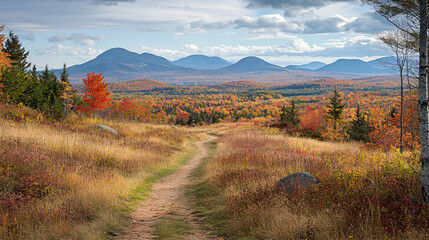 A scenic autumn trail leading up to a hill, with panoramic views of the colorful countryside and mountains in the distance.