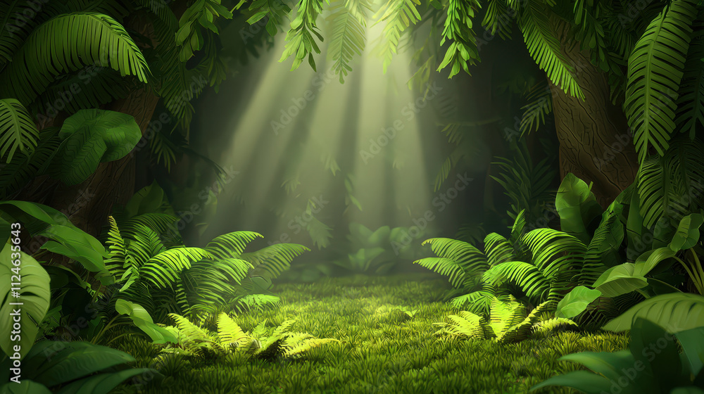 Poster lush jungle floor covered in vibrant ferns and illuminated by soft sunlight creates serene and tranq