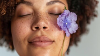 Obraz premium A woman with curly hair and freckles eyes closed with a purple flower On her face.