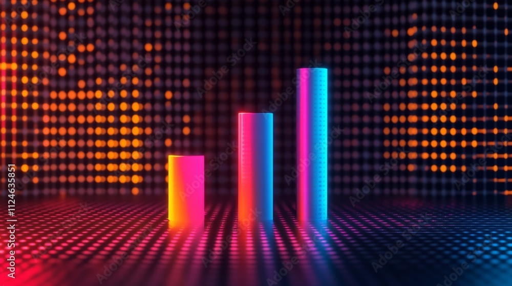 Poster colorful 3d bar graph on abstract background with neon lights