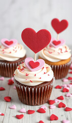 Cupcakes for Valentine's Day decorated with heart toppers, perfect for celebrations and gifts.