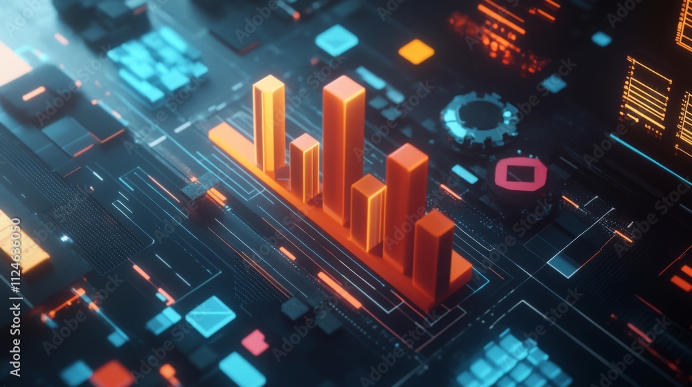 Poster digital data visualization with bar graphs in futuristic design