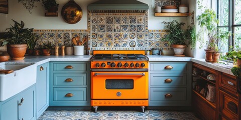 Vibrant orange range in a charming kitchen with blue cabinets, patterned tiles, and abundant plants.