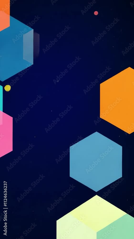 Poster abstract hexagon pattern: vibrant, colorful hexagons dance across a deep blue background, creating a