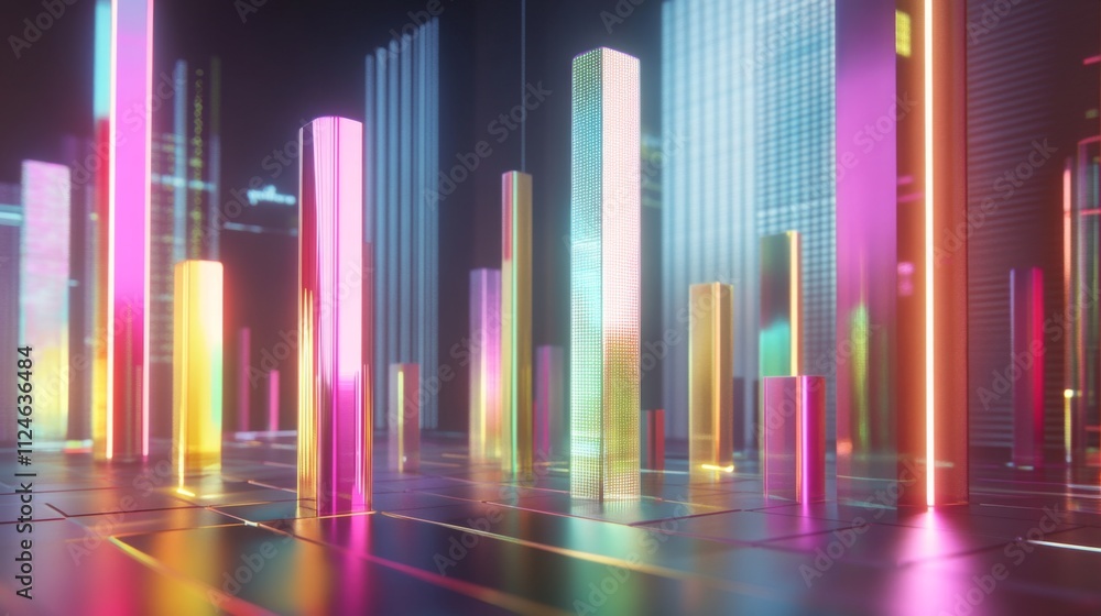 Poster futuristic abstract scene with colorful columns and neon lights