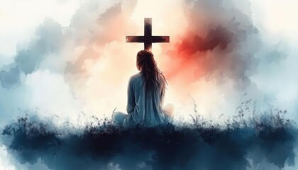 Woman Kneeling in Prayer Before Cross in Ethereal Light Watercolor Scene