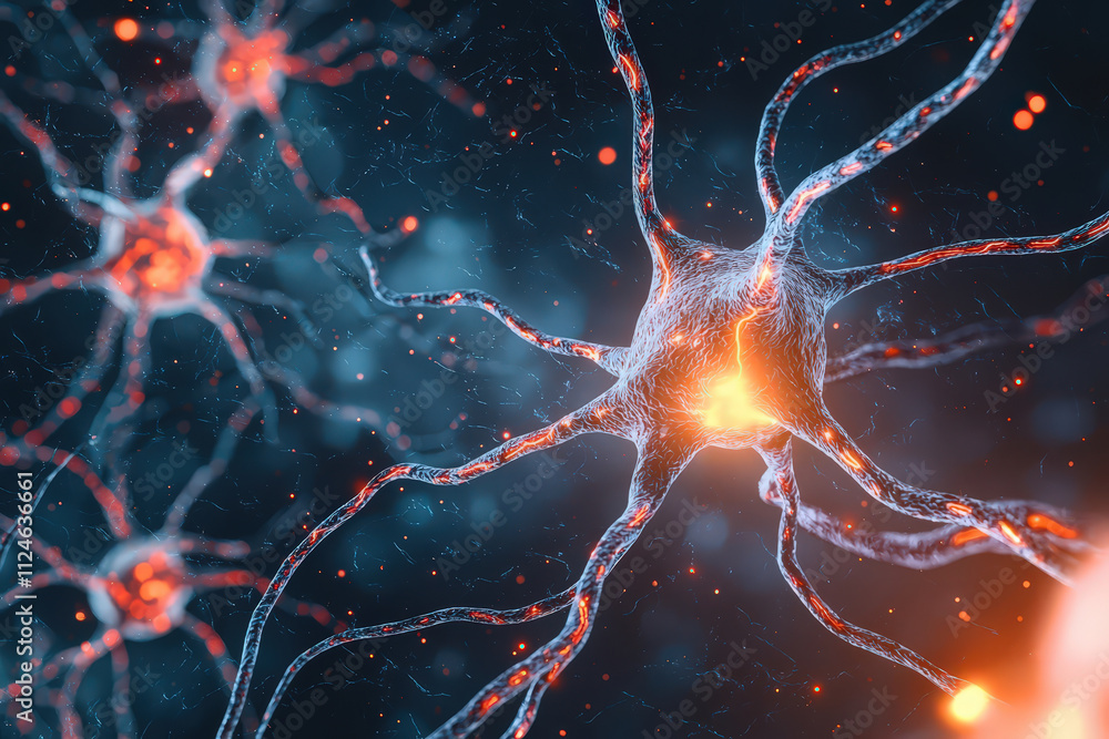 Poster captivating digital of neurons showcasing intricate connections and glowing synapses, representing c