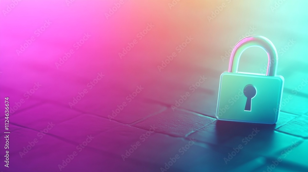 Aufkleber a glowing digital lock icon appears in a grid pattern with vibrant neon blue and green colors, evoki