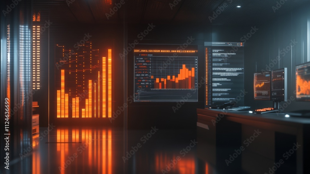 Aufkleber futuristic data center with orange visualizations and screens