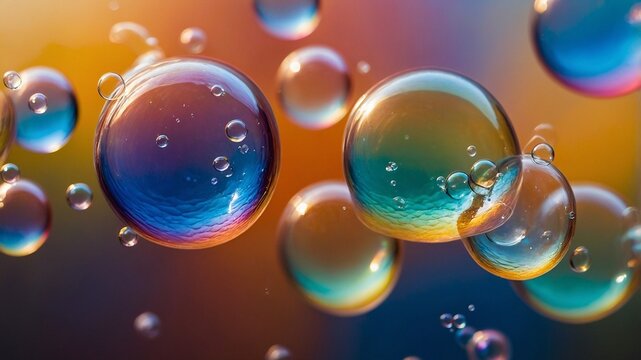 Colourful Iridescent Soap Bubbles Floating Against a Vibrant Blurred Background.