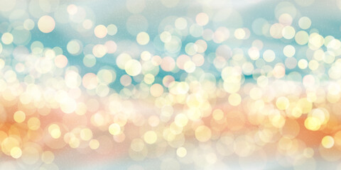 Sandy beach and bright blue sea as a blurred seamless bg with overlay grainy texture and glowing bokeh effect. Summer vacation in a paradise place. Vector illustration with gradient mesh