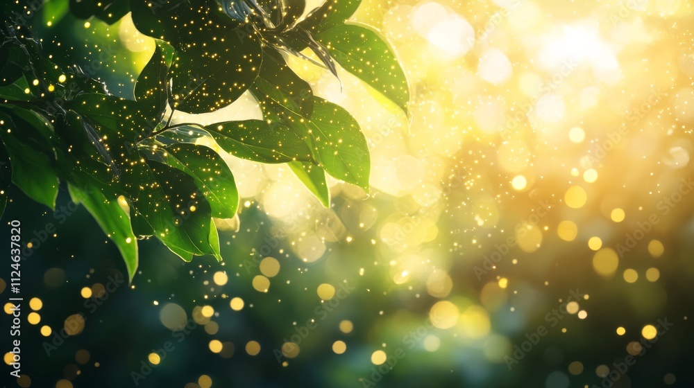 Poster a sunlit forest features intense light streaming through the tree canopy, with swirling dust motes a