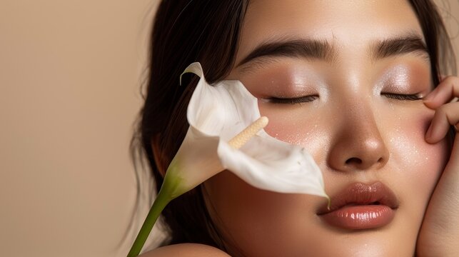 Close-up Of a Asian young woman with her eyes closed gently touching her face with a white flower.