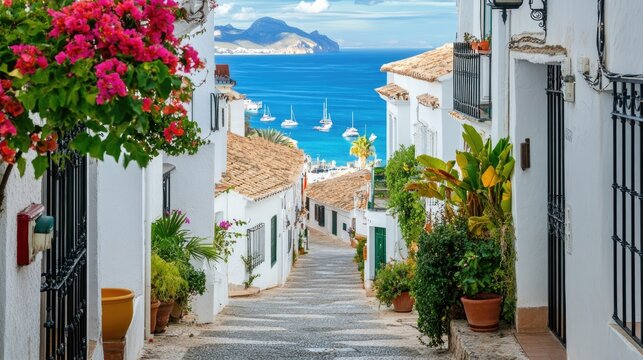 Fototapeta A picturesque view of Altea old town, characterized by its narrow winding streets and charming whitewashed houses nestled against the backdrop of the Mediterranean sea in Alicante province