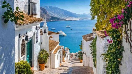A picturesque view of Altea old town, characterized by its narrow winding streets and charming whitewashed houses nestled against the backdrop of the Mediterranean sea in Alicante province
