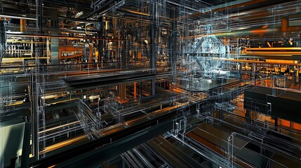 Abstract Wireframe Rendering Of A Complex Industrial Structure