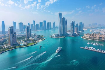 Fototapeta premium The vibrant city skyline showcases a mix of contemporary architecture along the waterfront, with boats gliding through the brilliant turquoise waters in bright daylight.