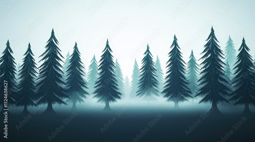 Aufkleber dense pine forest with tall trees shrouded in mist, creating serene and tranquil atmosphere. soft li