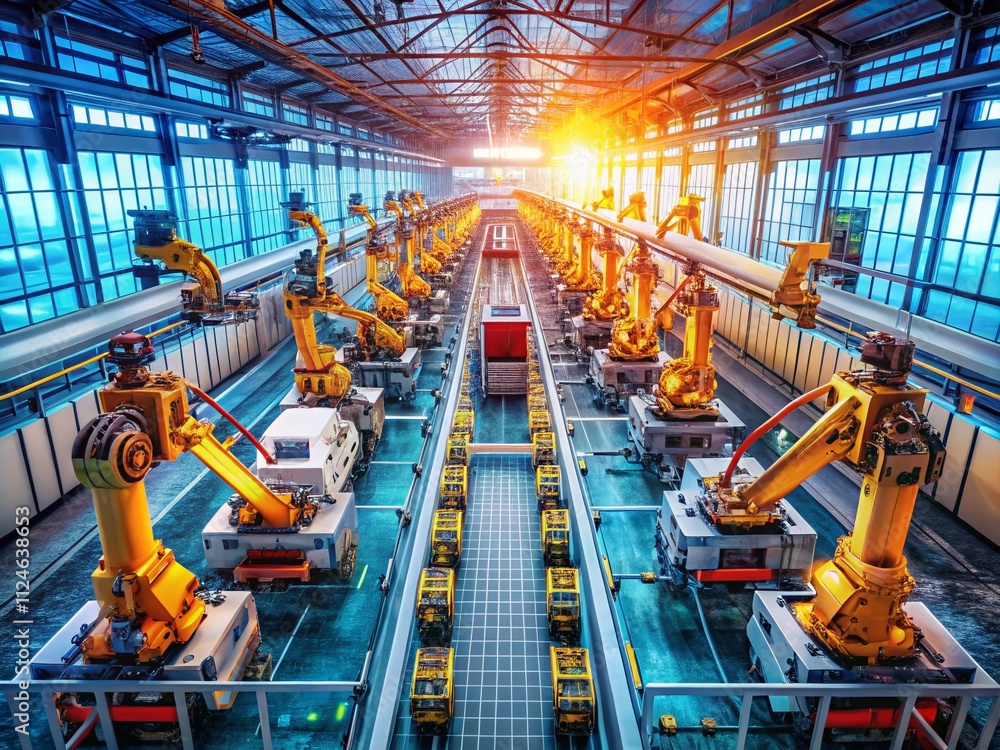Poster aerial view of a high-tech factory with automated robotic arms in electric vehicle assembly line opt