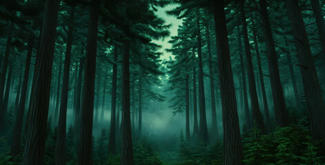 Obraz premium serene pine forest with dense trees and misty atmosphere, creating tranquil and mysterious environment. lush greenery invites exploration and reflection